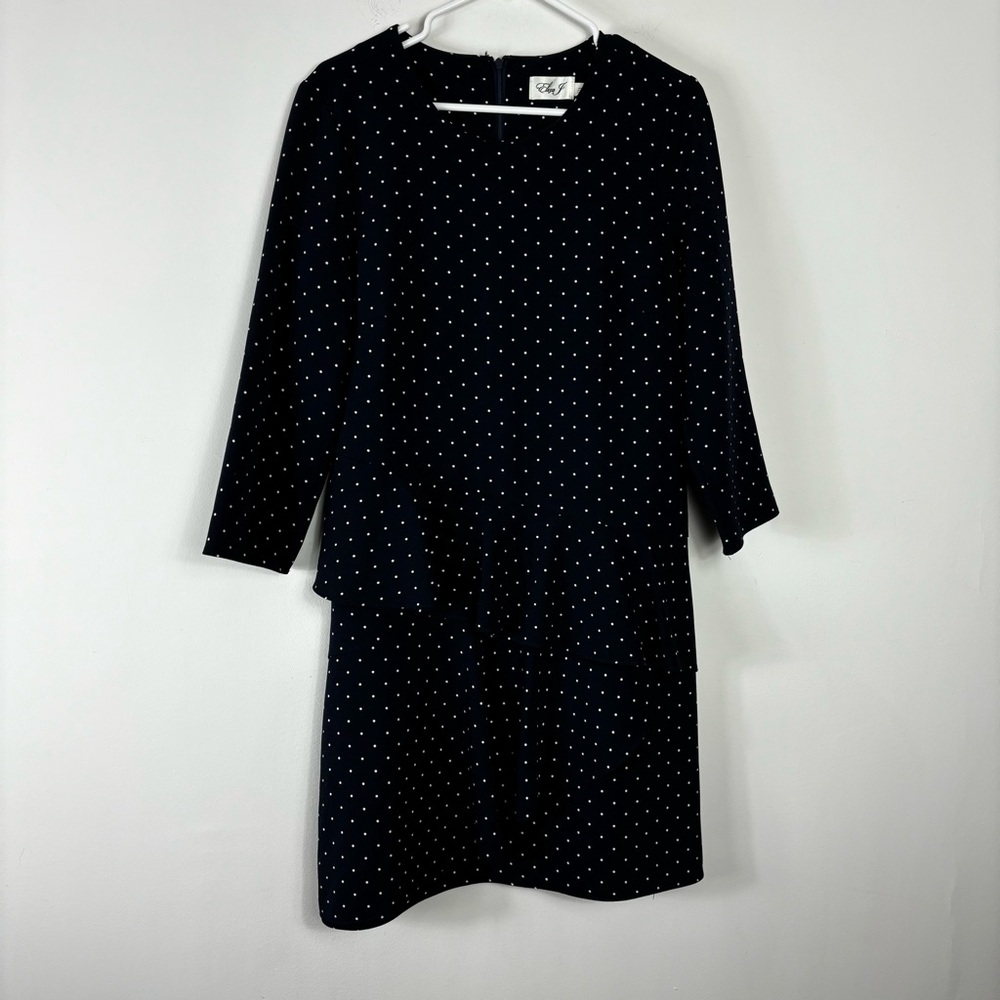 Eliza J Polka Dot Dress Womens 12 Navy Blue Long Sleeve Classic Preppy Nautical